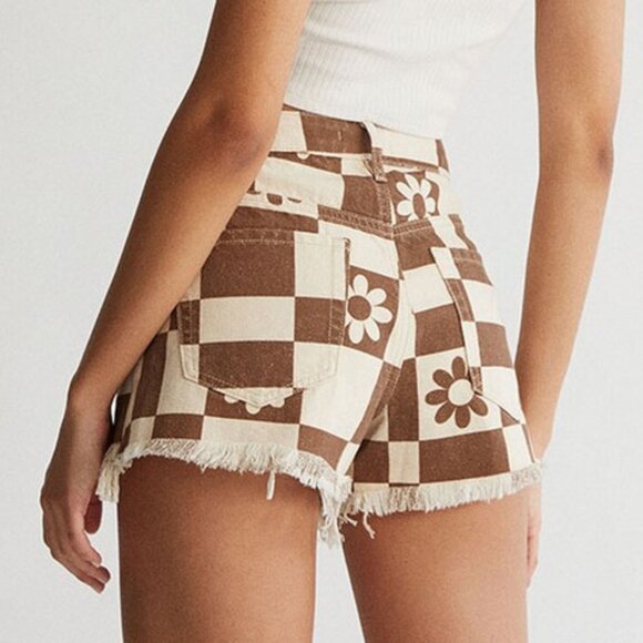 PacSun Eco Flower Checkerboard High Waisted Denim Festival Shorts Fringe Hem, 26 - Picture 4 of 15